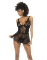 Nuisette noir Raven, en dentelle et résille, avec armatures, bretelles réglables, laçage dans le dos 