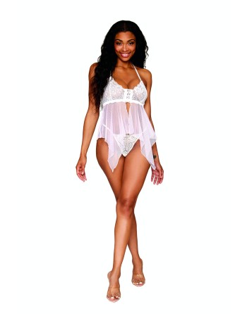 Babydoll et string en résille et dentelle blanche 