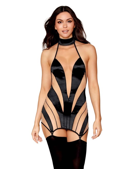 Nuisette stylée noire et transparence avec porte-jarretelles 