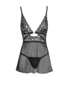 Nuisette noire en dentelle et résille transparente avec string 