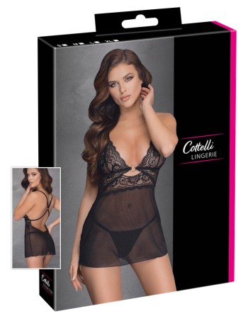 Nuisette noire en dentelle et résille transparente avec string 