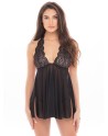 Nuisette noire col échancré, dos nu et string assorti 