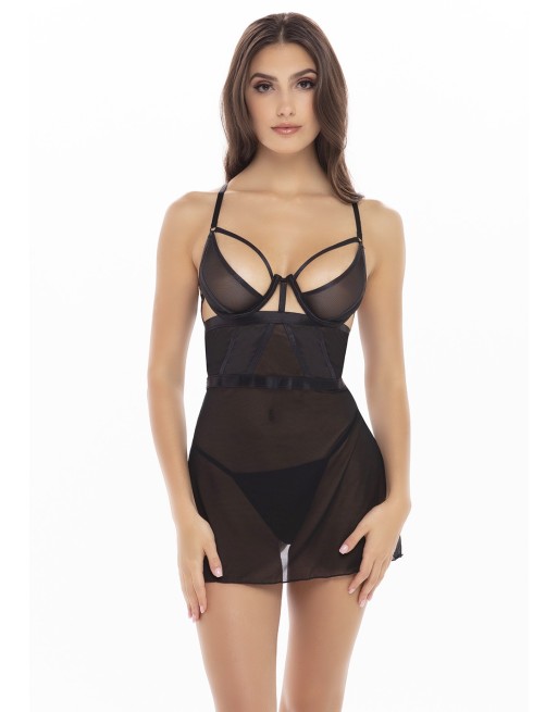 Nuisette résille noire aves string assorti 