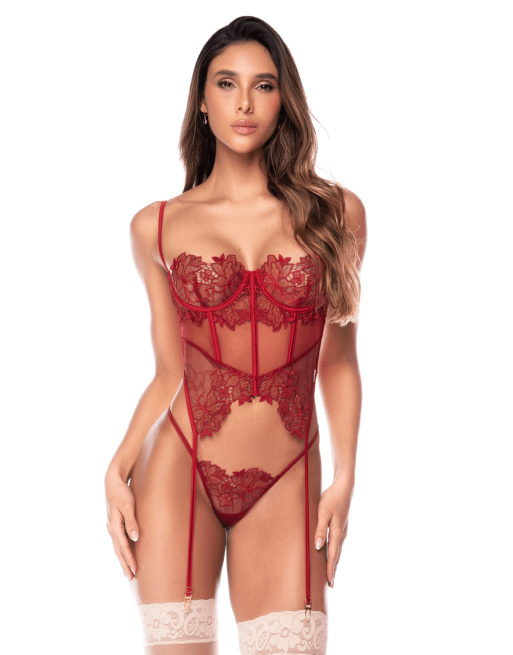 Ensemble 2 pièces avec bustier en dentelle brodée bois de rose, jarretelles et string - Mapalé