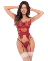 Ensemble 2 pièces avec bustier en dentelle brodée bois de rose, jarretelles et string - Mapalé