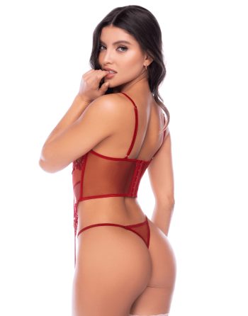 Ensemble 2 pièces avec bustier en dentelle brodée bois de rose, jarretelles et string - Mapalé