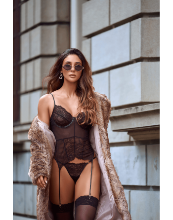 Ensemble 2 pièces avec bustier transparent à armatures et jarretelles noir - Mapalé