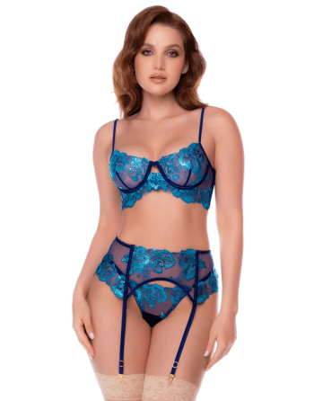 Ensemble 3 pièces bleu nuit brodé avec porte-jarretelles et string - Mapalé