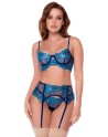 Ensemble 3 pièces bleu nuit brodé avec porte-jarretelles et string - Mapalé