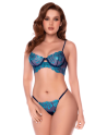 Ensemble 3 pièces bleu nuit brodé avec porte-jarretelles et string - Mapalé