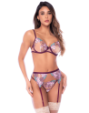 Ensemble 3 pièces rose framboise avec soutien-gorge brodé, porte-jarretelles et string - Mapalé