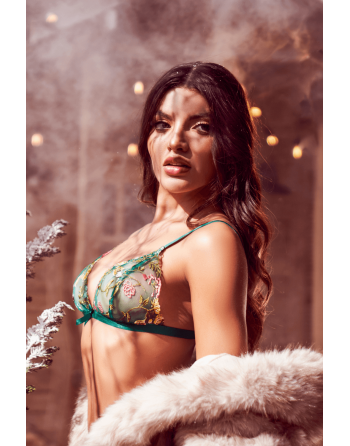 Ensemble 2 pièces vert aurore avec soutien-gorge brodé transparent et string - Mapalé