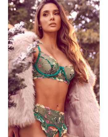 Ensemble 3 pièces vert aurore avec soutien-gorge brodé, porte-jarretelles et string - Mapalé