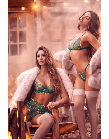 Ensemble 3 pièces vert aurore avec soutien-gorge brodé, porte-jarretelles et string - Mapalé
