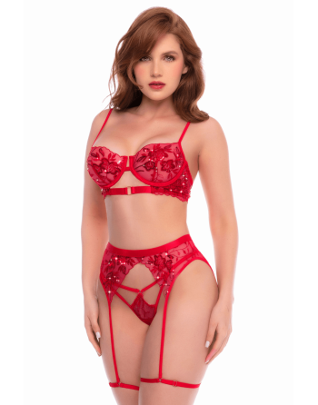 Ensemble 3 pièces rouge écarlate avec soutien-gorge brodé de sequins, porte-jarretelles et string - Mapalé