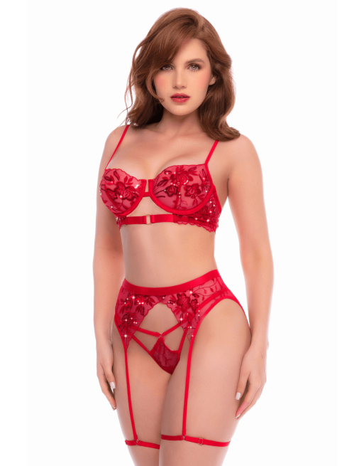 Ensemble 3 pièces rouge écarlate avec soutien-gorge brodé de sequins, porte-jarretelles et string - Mapalé