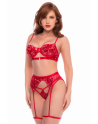 Ensemble 3 pièces rouge écarlate avec soutien-gorge brodé de sequins, porte-jarretelles et string - Mapalé