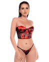Ensemble 2 pièces noir et rouge avec corset sans bretelles imprimé et string - Mapalé