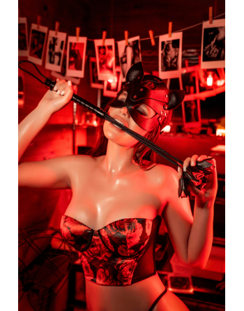 Ensemble 2 pièces noir et rouge avec corset sans bretelles imprimé et string - Mapalé