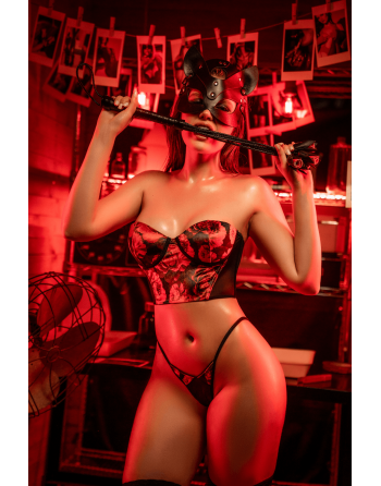 Ensemble 2 pièces noir et rouge avec corset sans bretelles imprimé et string - Mapalé