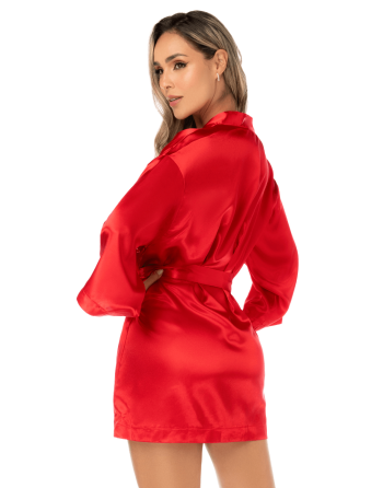 Peignoir court satiné rouge avec ceinture à nouer - Mapalé