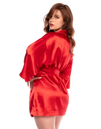 Peignoir court satiné rouge avec ceinture à nouer - Mapalé