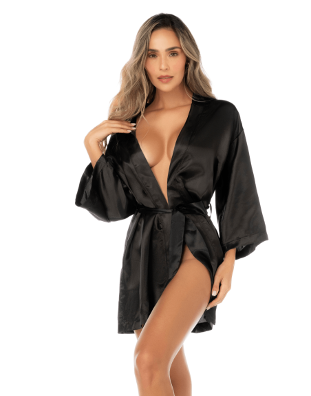 Peignoir court satiné noir avec ceinture à nouer - Mapalé