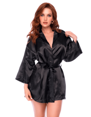 Peignoir court satiné noir avec ceinture à nouer - Mapalé