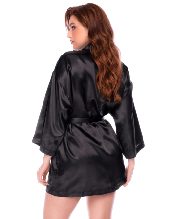 Peignoir court satiné noir avec ceinture à nouer - Mapalé