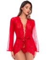 Peignoir transparent rouge en résille plumetis et dentelle avec string - Mapalé