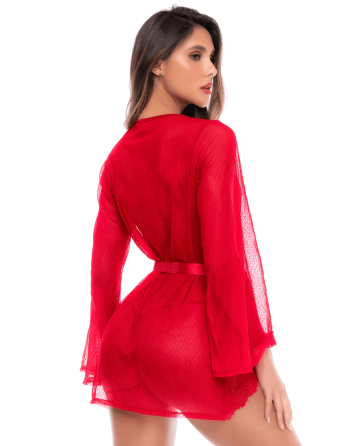 Peignoir transparent rouge en résille plumetis et dentelle avec string - Mapalé