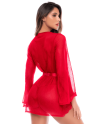 Peignoir transparent rouge en résille plumetis et dentelle avec string - Mapalé
