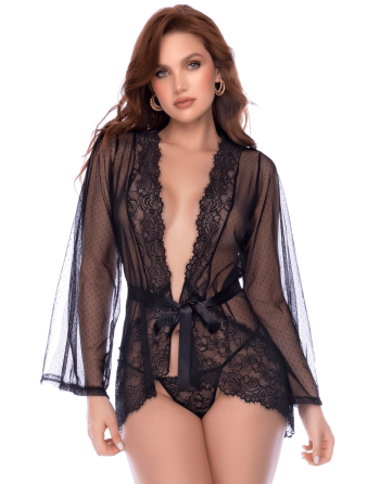 Peignoir transparent noir en résille plumetis et dentelle avec string - Mapalé