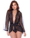 Peignoir transparent noir en résille plumetis et dentelle avec string - Mapalé