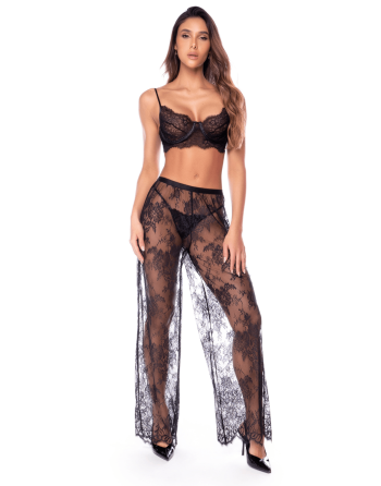 Ensemble 3 pièces en dentelle noire avec pantalon transparent - Mapalé