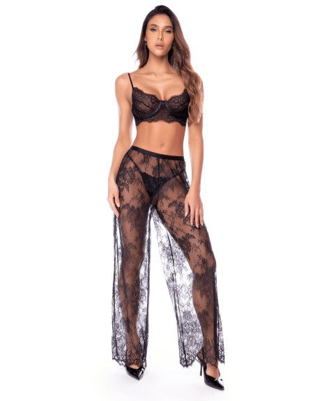 Ensemble 3 pièces en dentelle noire avec pantalon transparent - Mapalé