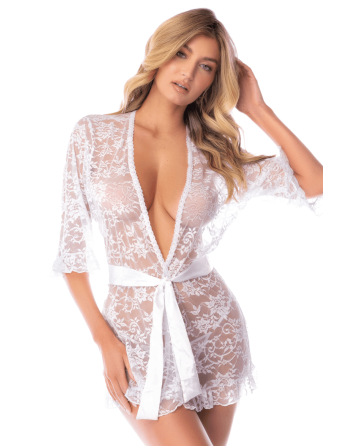 Kimono blanc en dentelle florale transparente avec ceinture – Mapalé