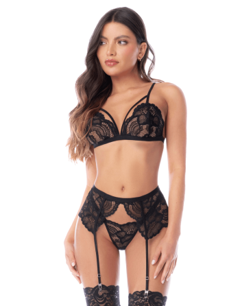Ensemble lingerie 3 pièces noir en dentelle avec porte-jarretelles – Mapalé