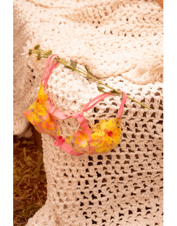Ensemble lingerie rose et jaune en maille transparente brodée – Mapalé