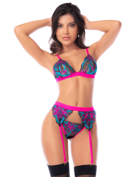Ensemble lingerie 3 pièces bleu et rose brodé avec sequins – Mapalé
