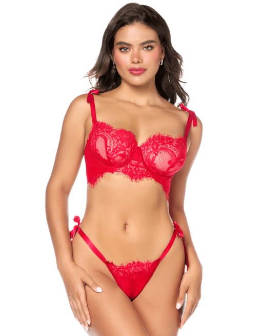 Ensemble sexy 2 pièces en dentelle avec liens à nouer et string 