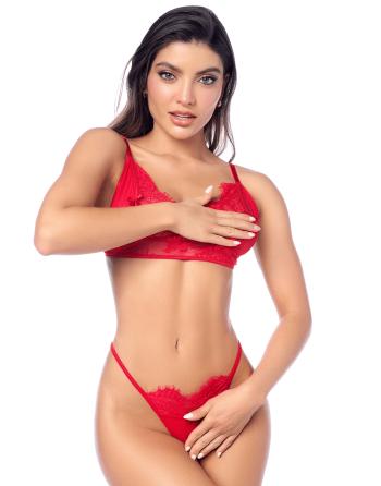 Ensemble sexy 3 pièces peek-a-boo en dentelle avec string et porte-jarretelles 