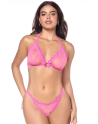 Ensemble sexy 2 pièces rose en dentelle délicate avec haut et string assorti 
