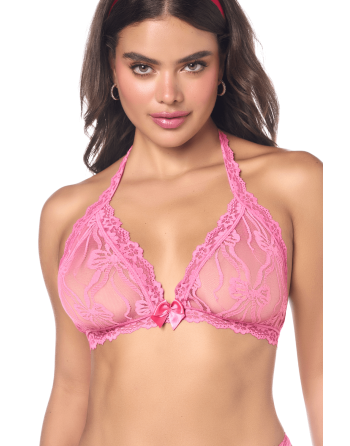 Ensemble sexy 2 pièces rose en dentelle délicate avec haut et string assorti 