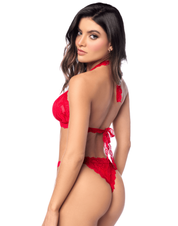 Ensemble sexy 2 pièces en dentelle romantique avec haut et string assorti 
