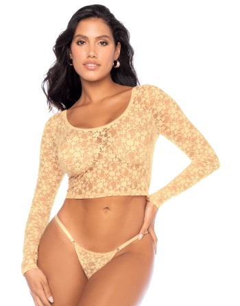 Ensemble 2 pièces en dentelle jaune pastel, crop top et string 