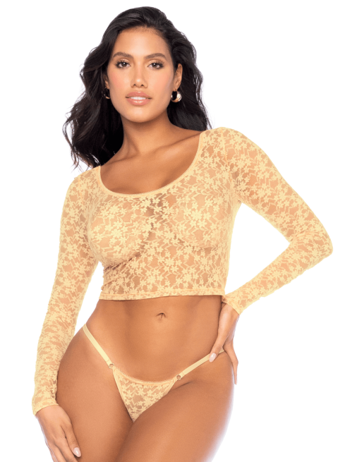 Ensemble 2 pièces en dentelle jaune pastel, crop top et string 