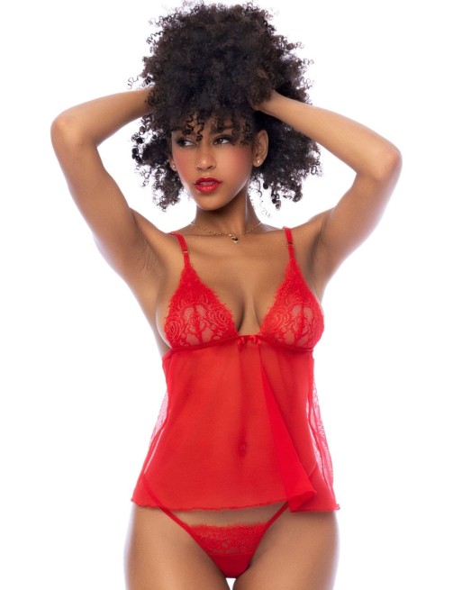 Nuisette courte rouge et string assorti 
