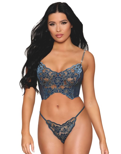 Bustier dentelle florale et résille avec strass et string assorti