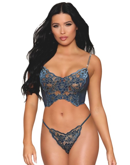 Bustier dentelle florale et résille avec strass et string assorti